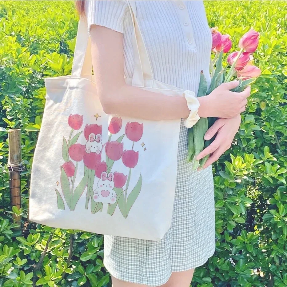 

2025 Women Canvas Shoulder Bag Tulips Printing Ladies Casual Handbag Tote Bag Large Capacity Cotton Reusable Shopping Beach Bag