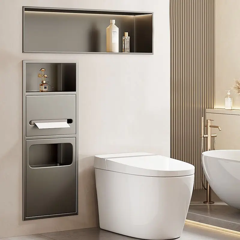 Stainless Steel Recessed Bathroom Wall Niche, Embedded Storage with Tissue Holder & Trash Bin for Toilet