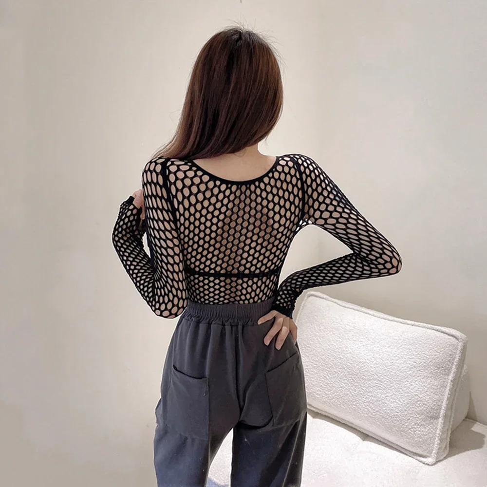 Gothic Sexy Black Fishnet Mesh See Through t-Shirt donna Skinny Goth scava fuori camicie a maniche lunghe Crop Top Tee Shirt Streetwear