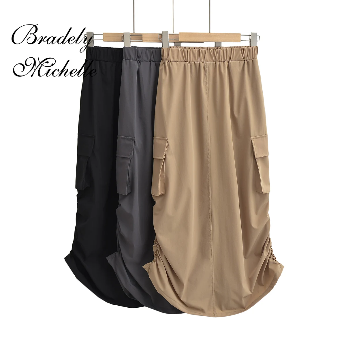 

BRADELY MICHELLE Women's Clothing Streetwear Spring Drawstring Skirt Solid High Waist Pocket Tooling Mid-Length Skirt Vintage