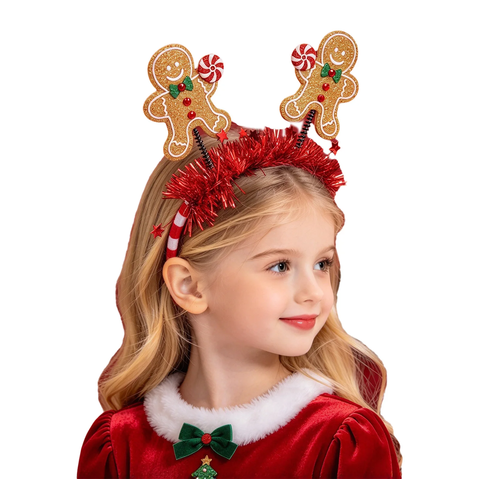 Christmas Headwear Spring-loaded Gingerbread Man Tinsel Star Decor Headband Striped Hair Hoop for Party Decoration 5