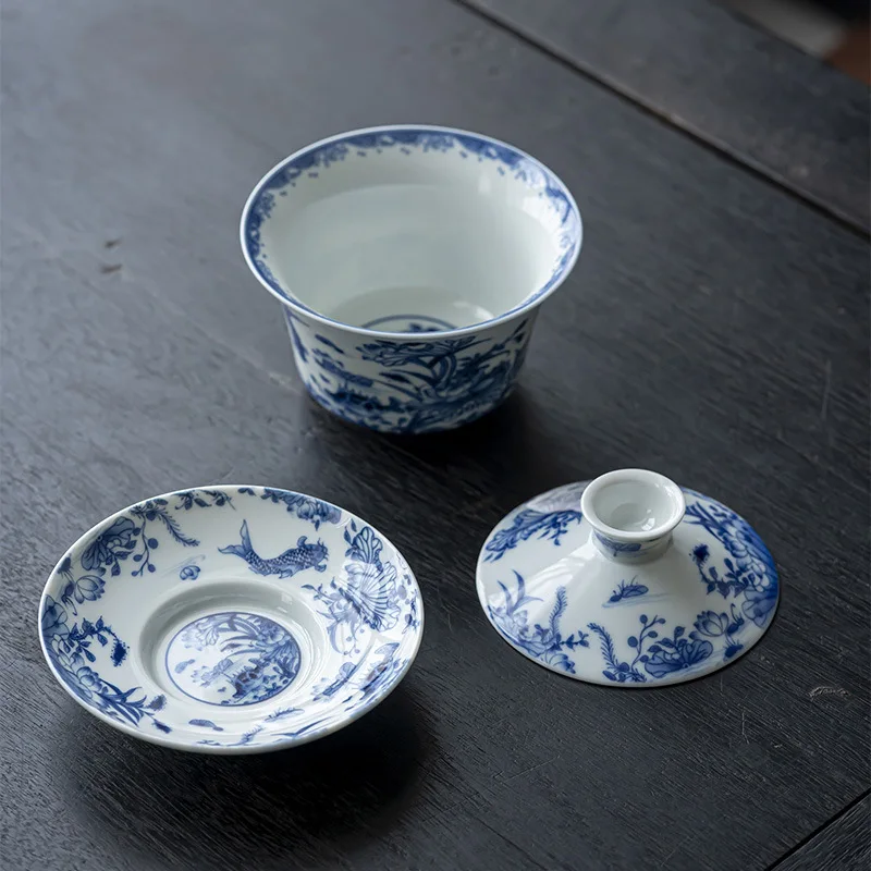 Antique Blue and White Sancai Gaiwan Kung Fu Set Ceramic Eight Treasures Tea Bowl Large Capacity 300ml