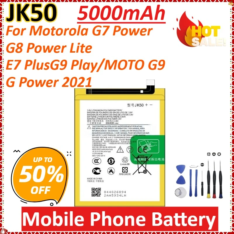 

New JK50 5000mAh Mobile Phone Battery for Motorola G7 Power /G8 Power Lite/E7 Plus/G9 Play/MOTO G9/G Power 2021 Battery + Tools