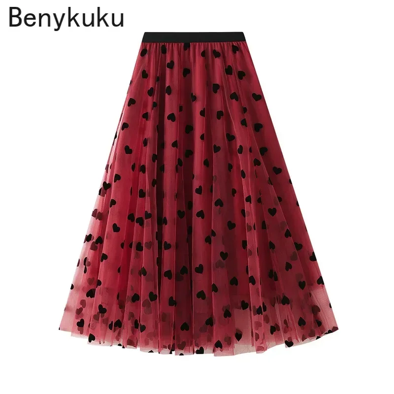 

Women Mesh Flower Vintage Skirt 2026 Spring Summer Lace Plush Large Swing Clothing Elastic High Waist Elegant Pleated Skirts
