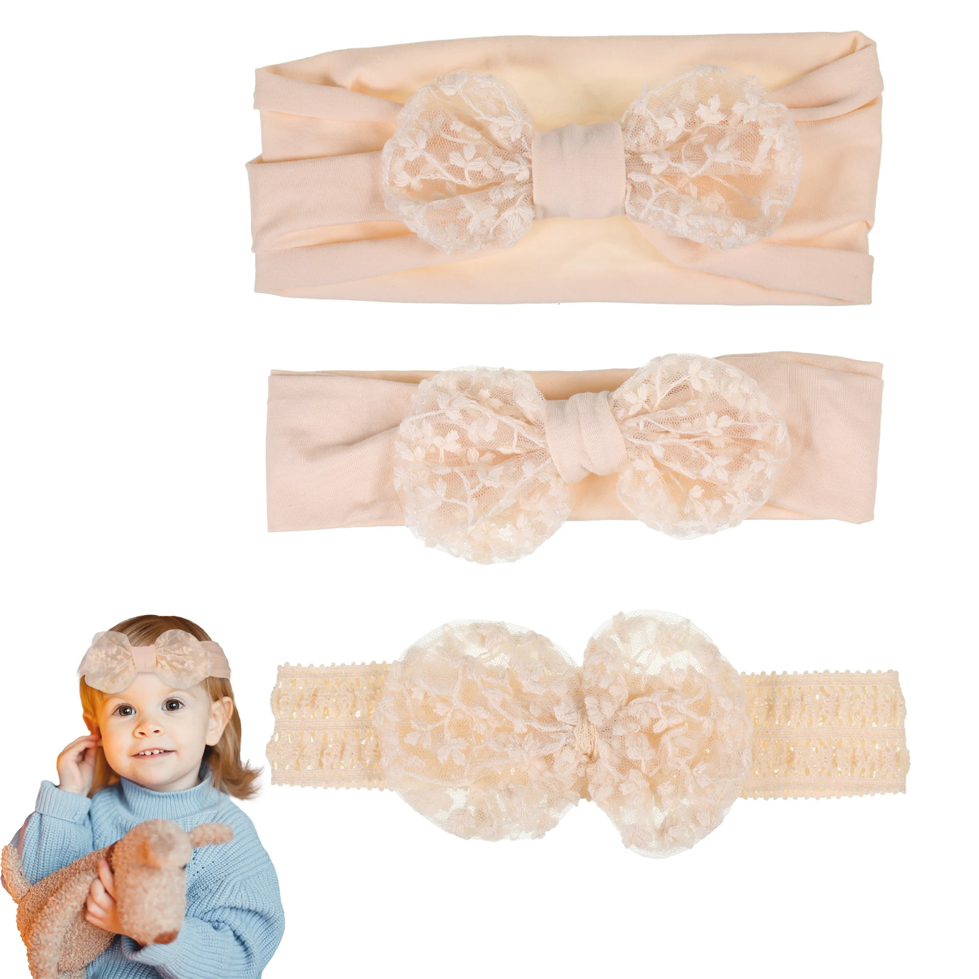 3x Beige Soft And Comfortable Baby Girl Bows Headband Gifts Wide Application Stylish And Cute