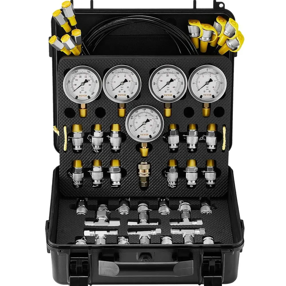 

Hydraulic Prure Test Kit, 10/100/250/400/600bar, 5 Gauges 13 Test Couplings 14 Tee Cont5 Test Hoses, Hydraulic Gauge Kit with St