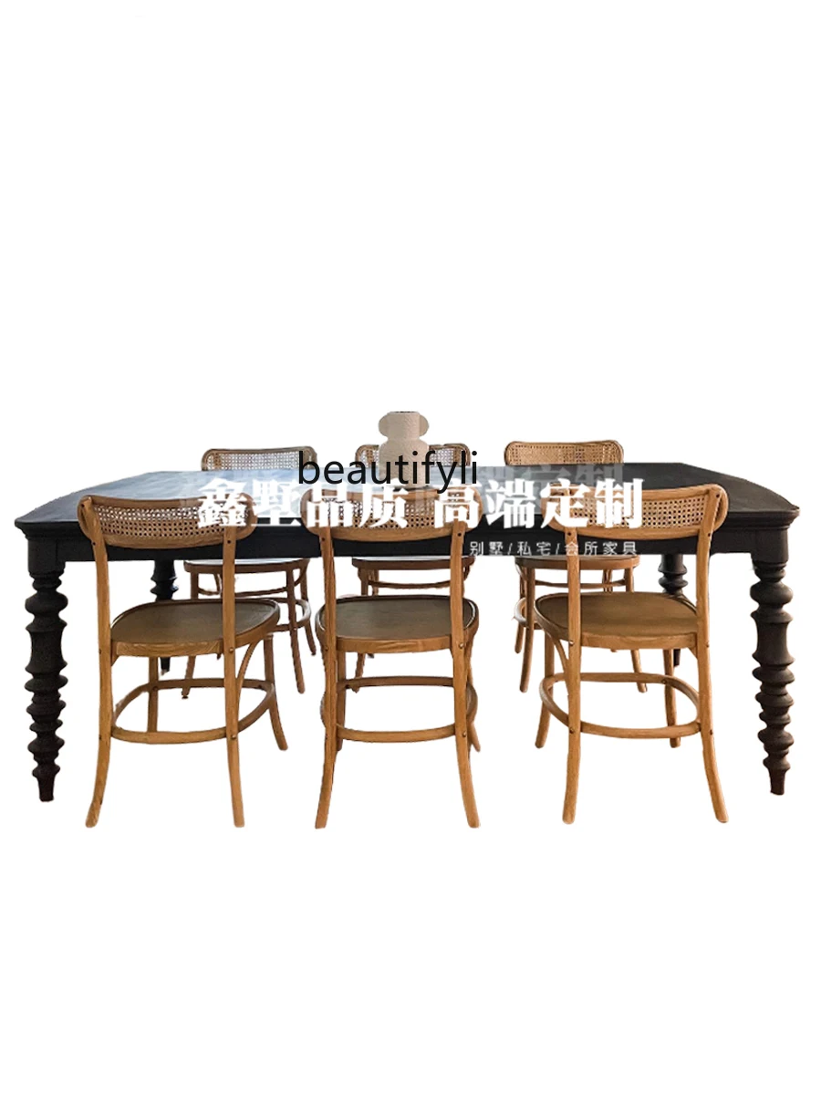 

French Solid Wood Rectangular Dining Table Small Apartment Roman Column Dining Table American Household Retro Dining Table