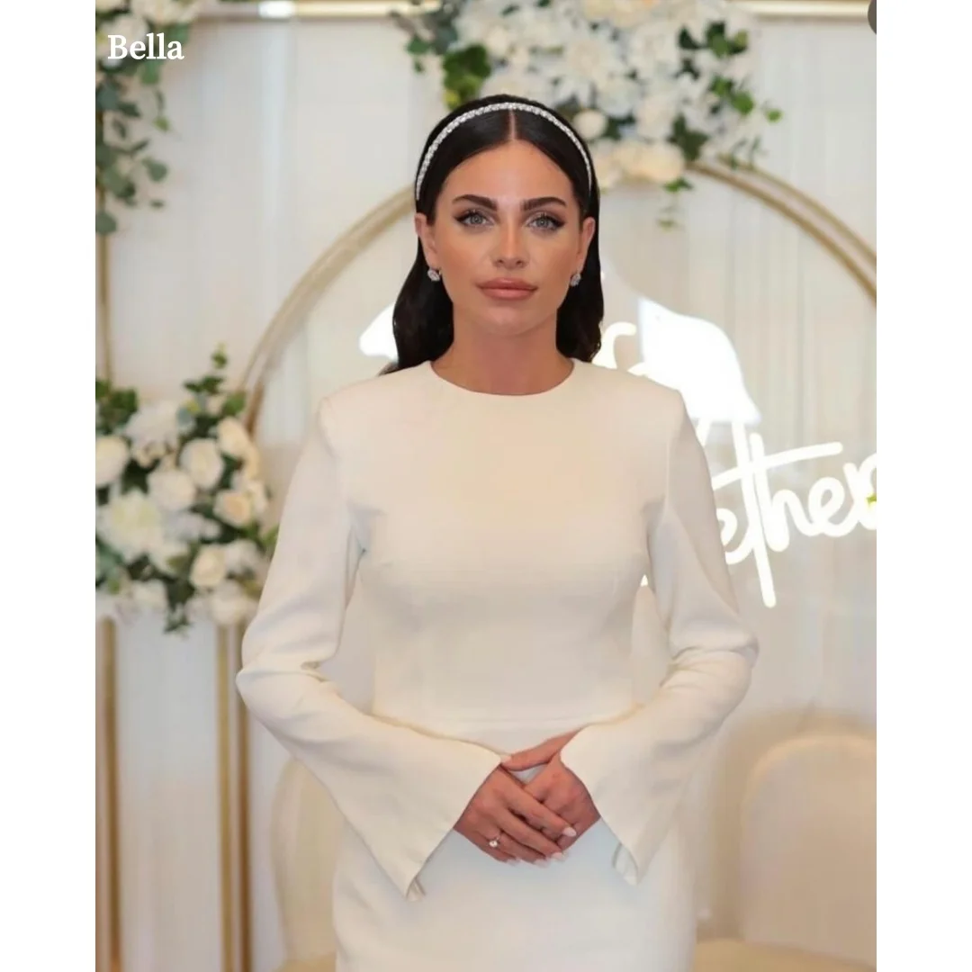 

Bella Customized White Slightly Flared Sleeves robes de soirée O-Neck Party Dresses Satin Ankle-Length Shoulder Pads Prom Dress
