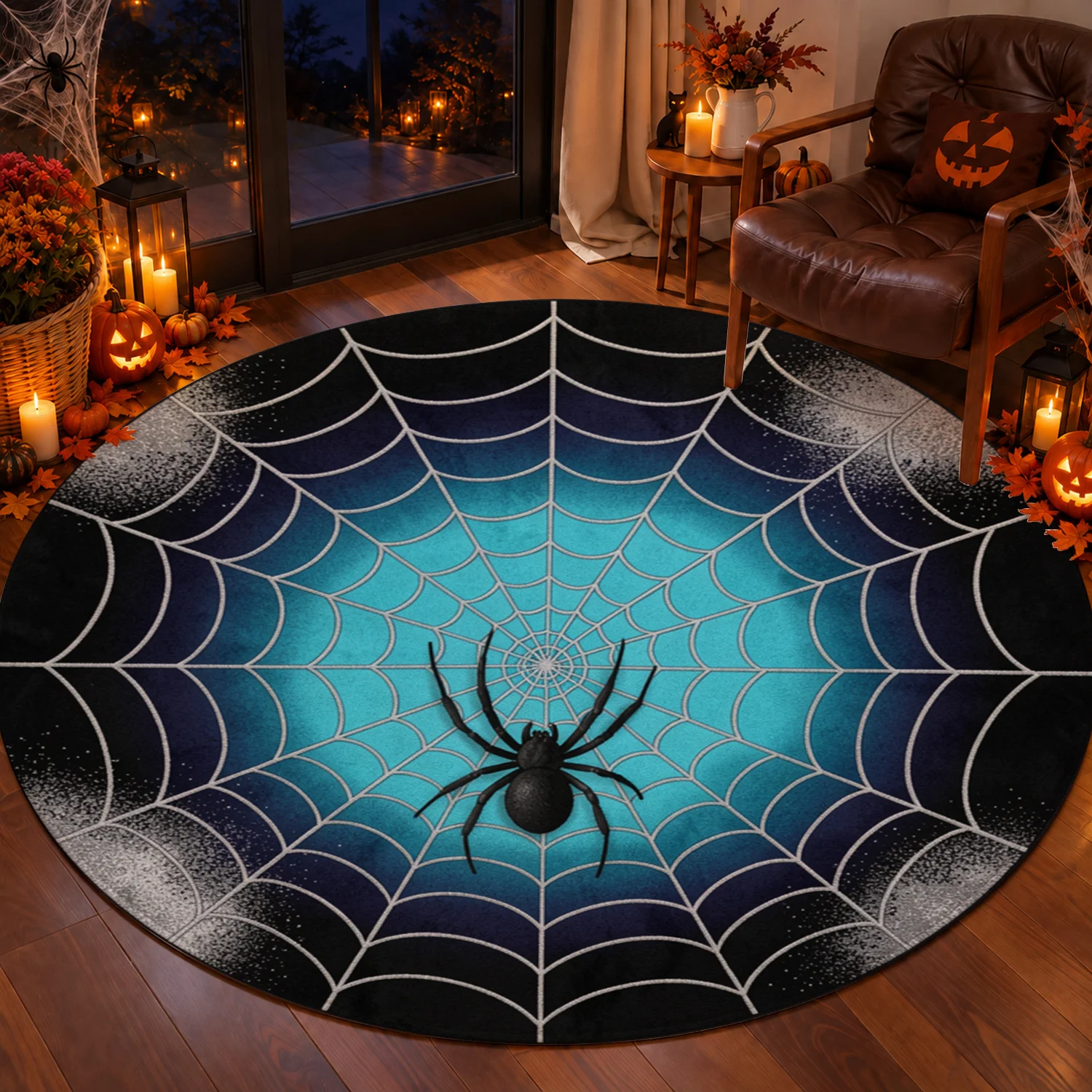 Spider Web Black Spider Round Velvet Rug Machine Washable for Living Room Bedroom Entryway Halloween Thanksgiving Christmas New Year Black Friday Cyber Monday