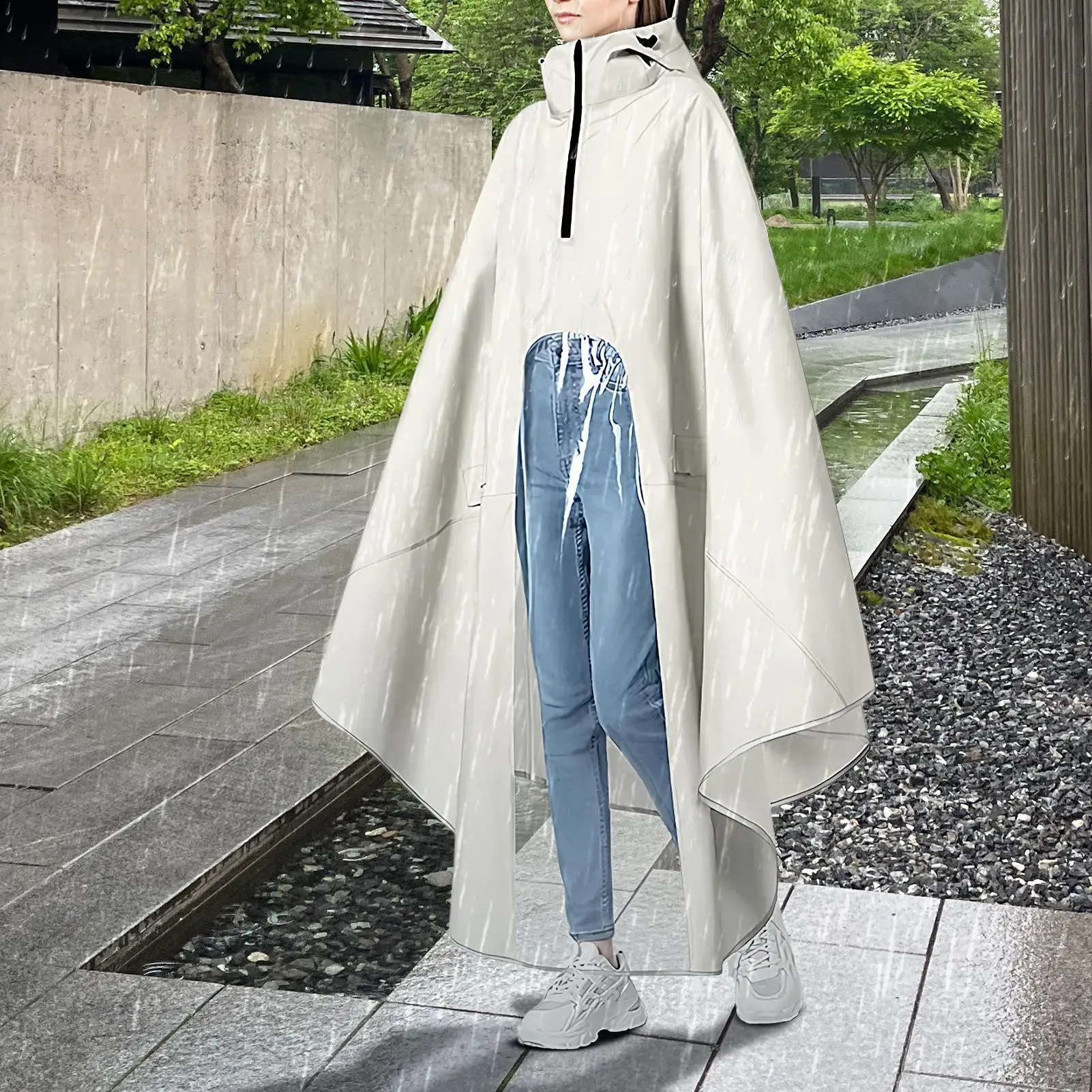 Adult Rain Poncho Hooded Rain Poncho for Ladies Adjustable Drawstring High Neck Raincoat with Zipper Closure for Scooter Riding