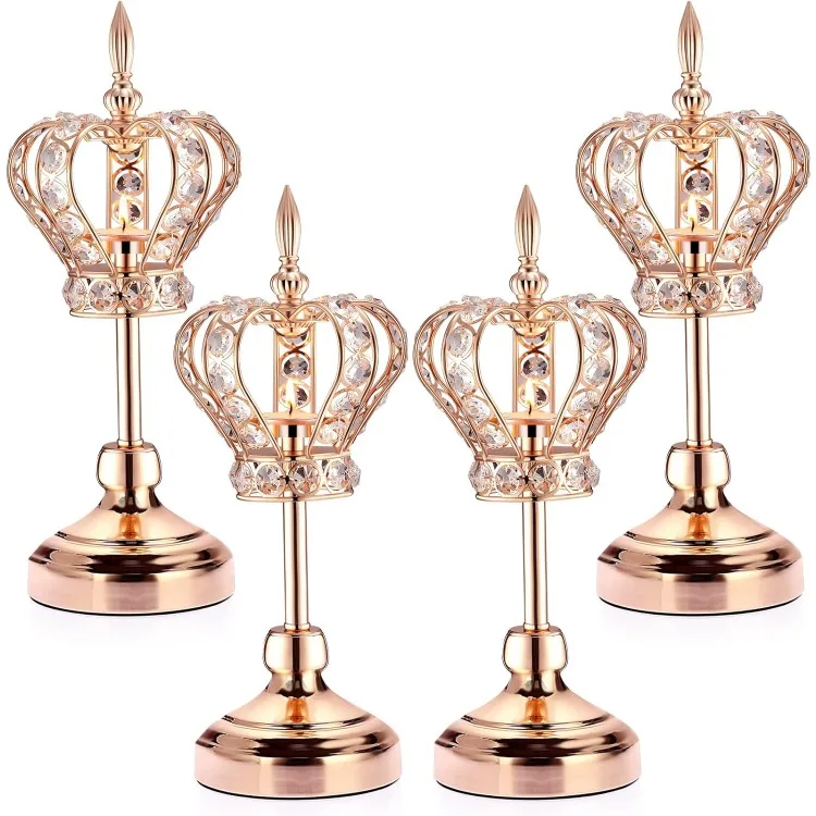 

4 Pcs Gold Crystal Candle Holders Crown Candlestick 13.8 Inches Tealight Holders Metal Candelabra Vintage Votive Candlest