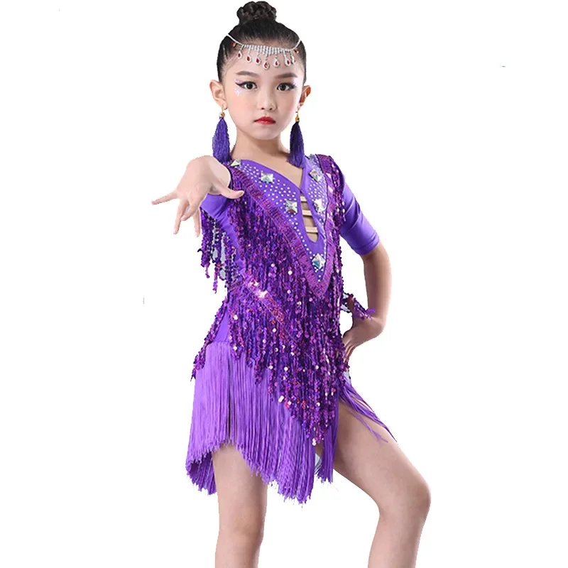 Детские костюмы для латинских танцев, платья с кисточками для девочек, детские латинские платья, костюмы для соревнований с блестками