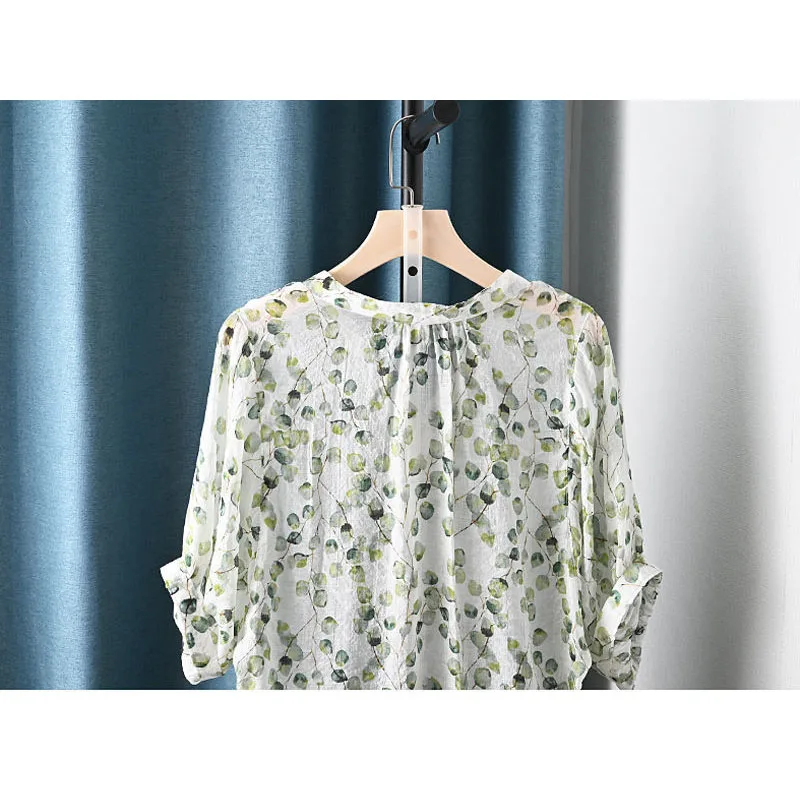 Casual All-match Printed Half Sleeve Blouse New Women\'s Clothing Fashion Elegant V-Neck Button Patchwork Loose Pullovers Shirt