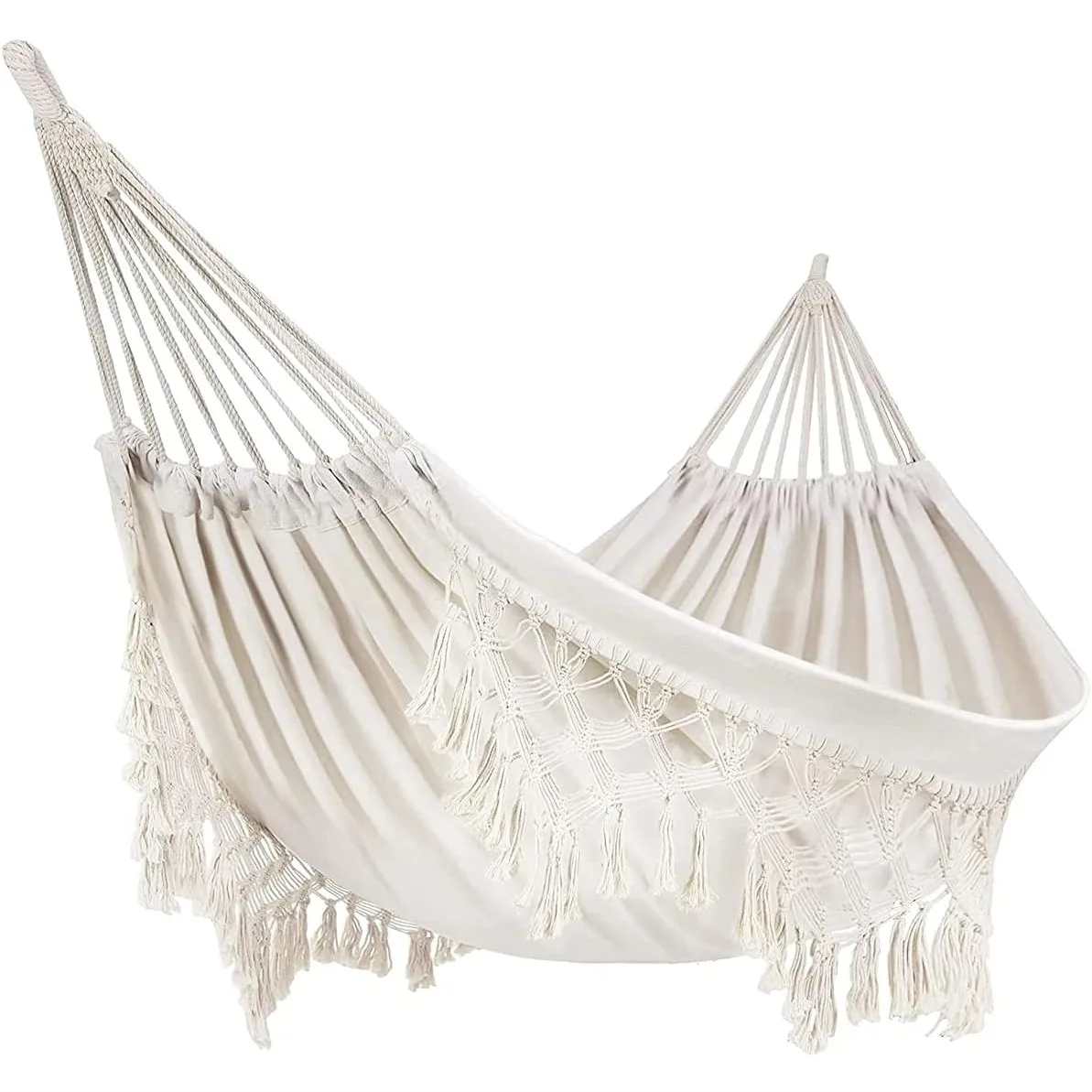 

Cotton Hammock for 2 Person, 480lbs Capacity Macrame Fringe Double Hammock with Handmade Tassels for Backyard, Beach, Patio