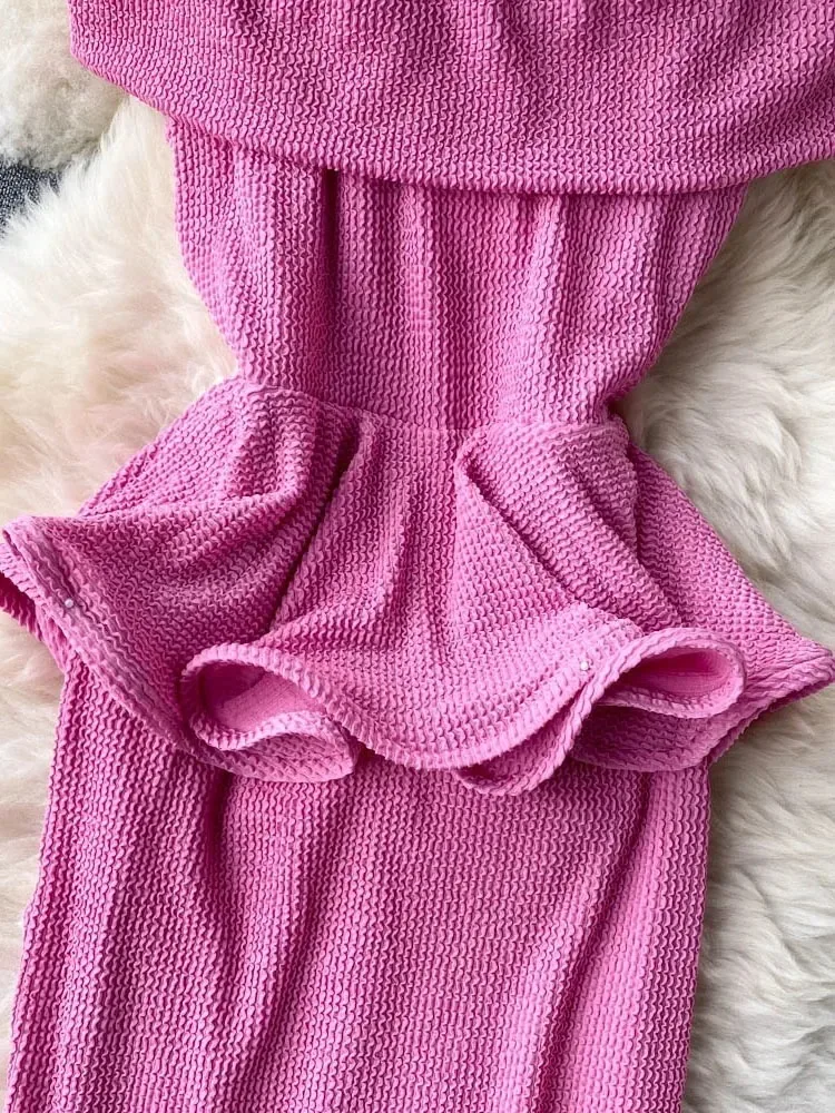 Verão feminino sexy uma palavra pescoço fora do ombro vestido fino em camadas meados de comprimento babados cintura magro aniversário temperamento vestido d1341