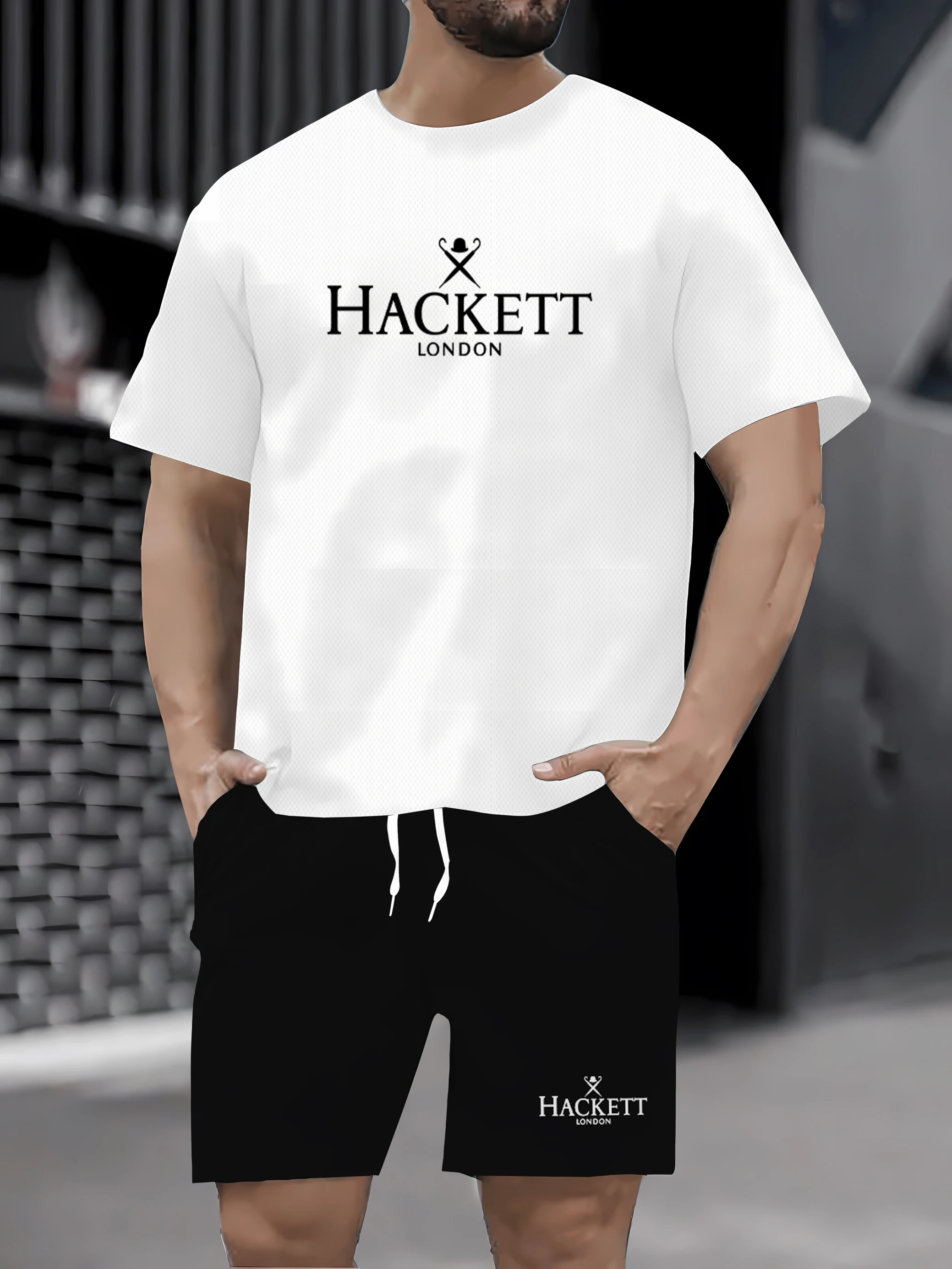 

Conjunto masculino de 2 peças casual com gola redonda, camiseta de manga curta e shorts com cordão, roupas respiráveis confortáv