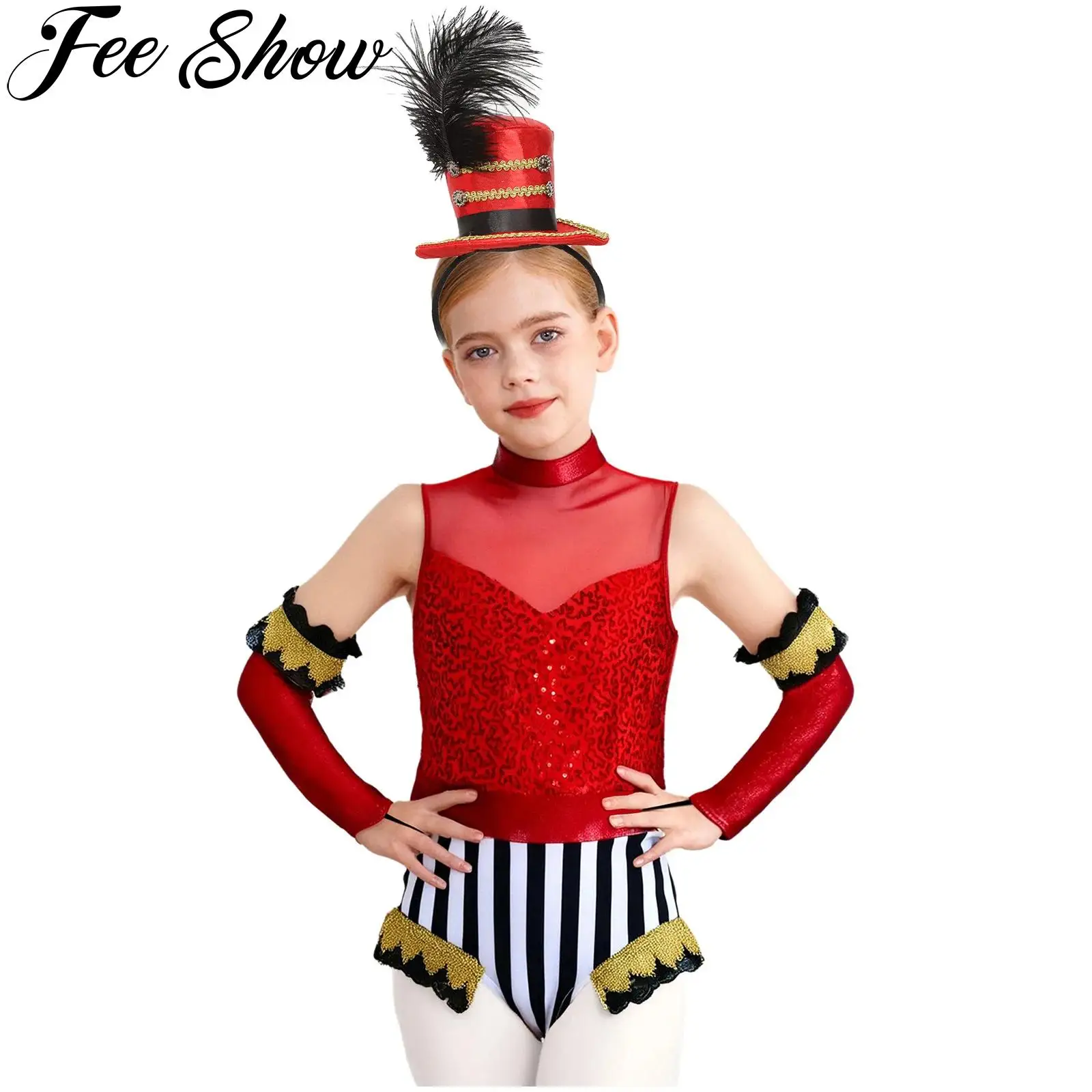 

Girls Circus Ringmaster Costume Halloween Carnival Party Magician Performance Outfit Sequins Jumpsuit with Oversleeve Top Hat