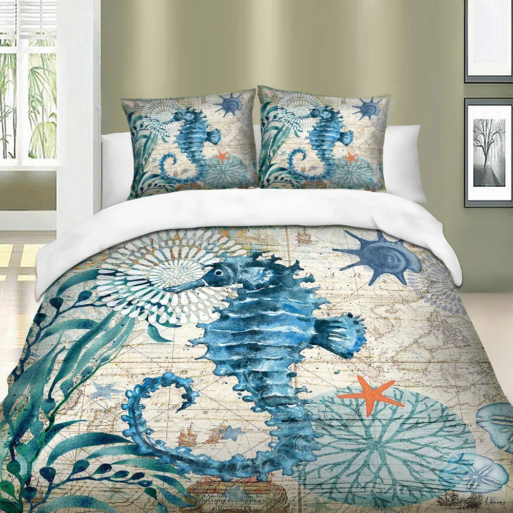 

3d Seahorse Duvet Sets Free Shipping 2023 Marine Mediterranean Style Bedding Set Teal Ocean Comforter Cover Kid Double Bed Set
