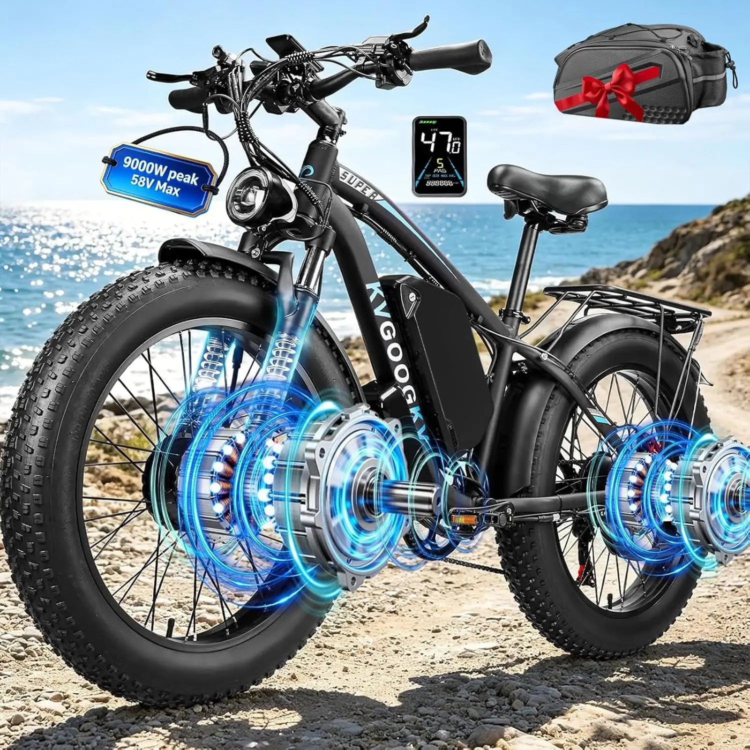 9000W Electric Bike,58V 1972Wh Dual Motor 47MPH 105 Miles,24