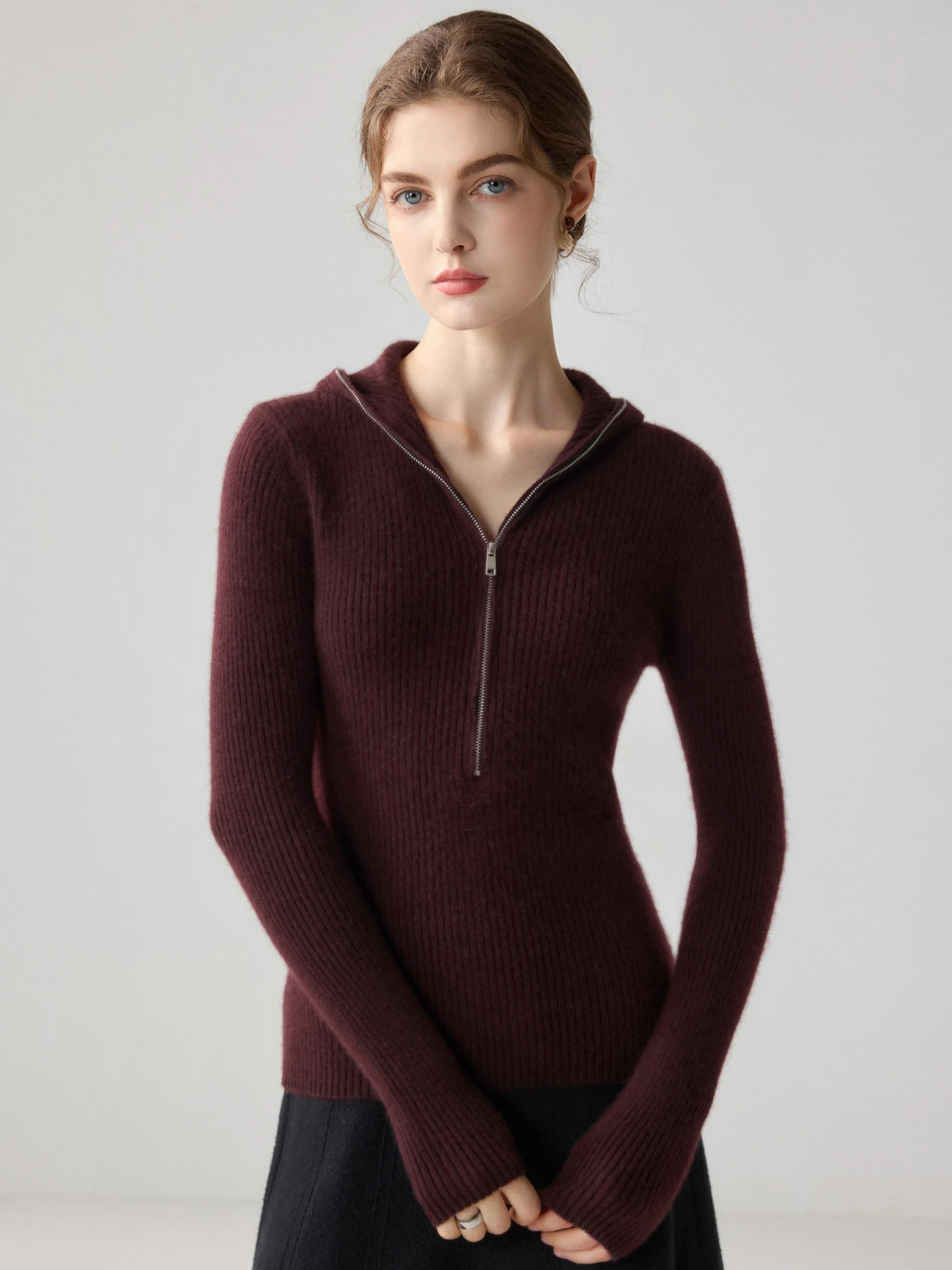 TLOML Women's 100% Cashmere Sweater Solid Half-zip Hoodie Pullover Cashmere Knitwear Autumn Winter Soft Warm Comfy Casual Tops