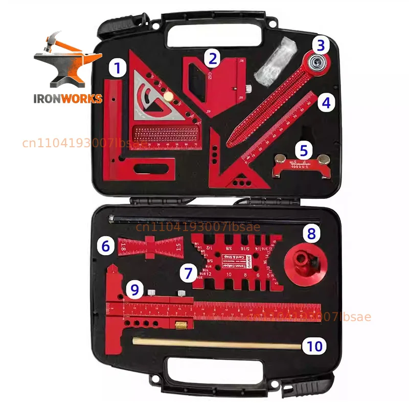 Woodworking measuring tool kit with storage box, woodworking project planning and layout board splicing auxiliary kit