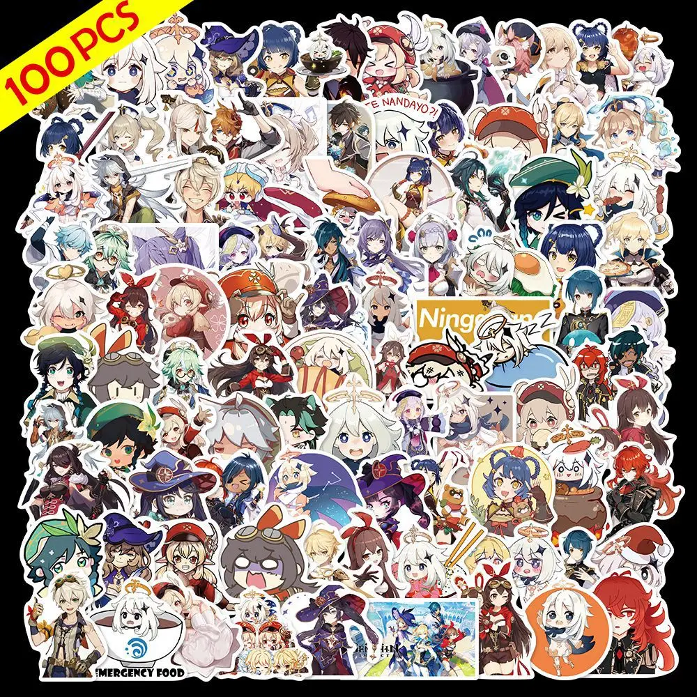 100PCS Cute Anime Game Genshin Impact Stickers Cartoon Decal Laptop Phone Suitcase Guitar Skateboard Car Waterproof Sticker