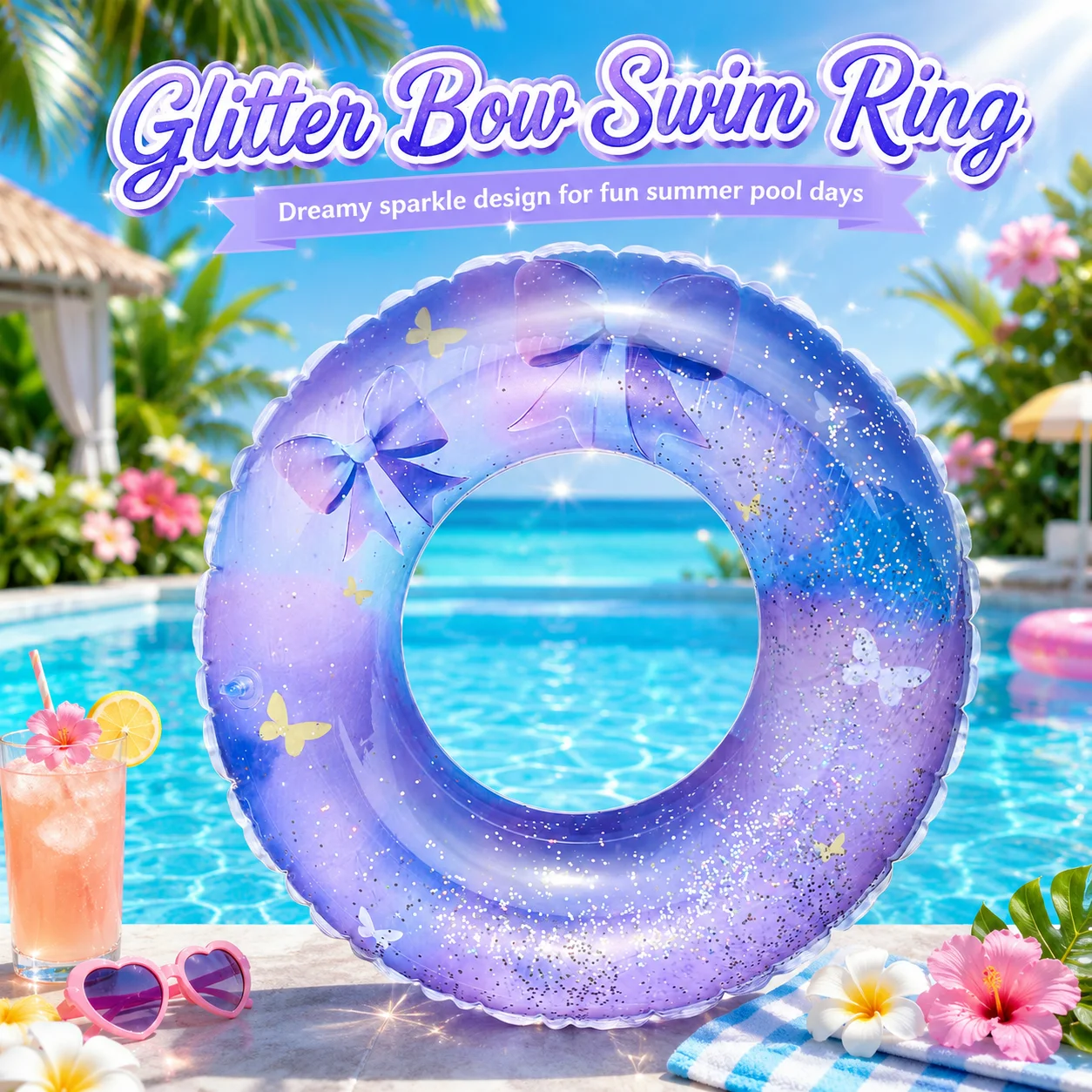 1pc Purple Glitter Bow Swim Ring Inflatable Butterfly Pool Float Sequin Swimming Tube for Beach Pool Summer Fun