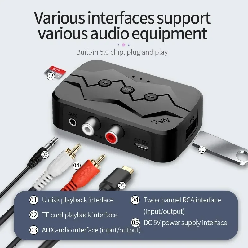 NFC Bluetooth 5.0 Audio Adapter 2 IN 1 Wireless Transmitter Receiver 3.5MM AUX RCA USB TF U-Disk With MIC For Car TV PC image 2
