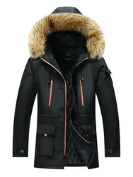 Large Size Winter Mens Long Black Jackets Mens Cotton Warm Parkas Hoodies Male Fur Collar Thermal Windbreaker Jackets Clothing