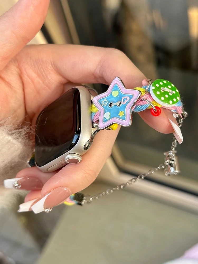 애플워치 울트라 11 10 9 8 7 6 SE 5용 Y2K 스타 버튼 스트랩 메탈 브레이슬릿 밴드 (아이워치 49mm 46mm 41mm 45mm 42mm 44mm 40mm 호환)