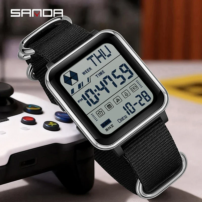 SANDA Youth Sports Electronic Watch for Men and Women 5ATM Waterproof Multi Functional Ultra Thin Couple Watch Nylon Strap 6159