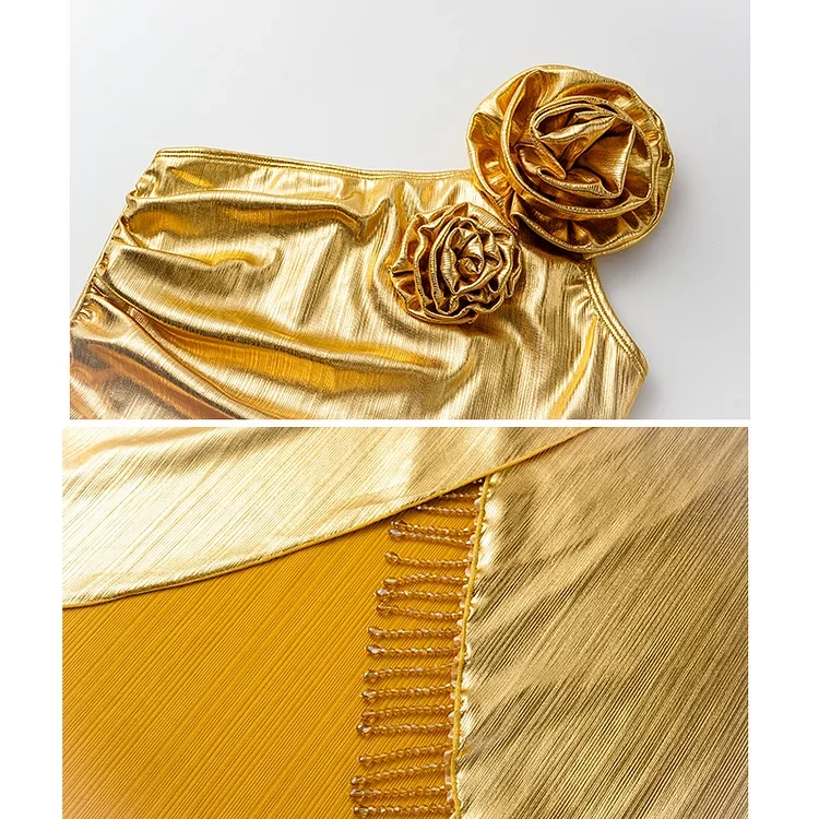 2024 Women 3D Flower Golden Fabric One Piece Swimsuit and Skirt Set Swimwear Summer Bathing Suit