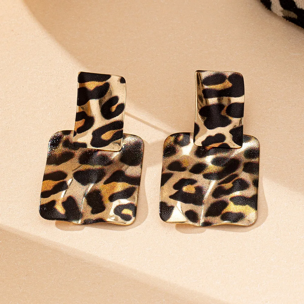 Earrings For Women Printed Leopard Print Geometric Square Retro Exaggeration Metal Ear Accessories Fashion Jewelry CE252