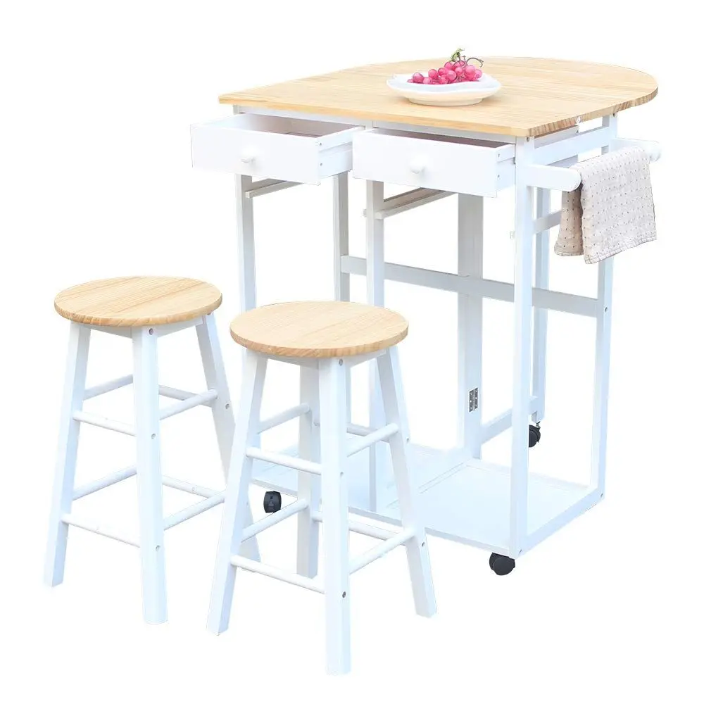 

Folding Dining Table and Chair Set, Solid Wood Drop Leaf Breakfast Cart Table Set Kitchen Trolley Island Cart with 2 Round Stoo