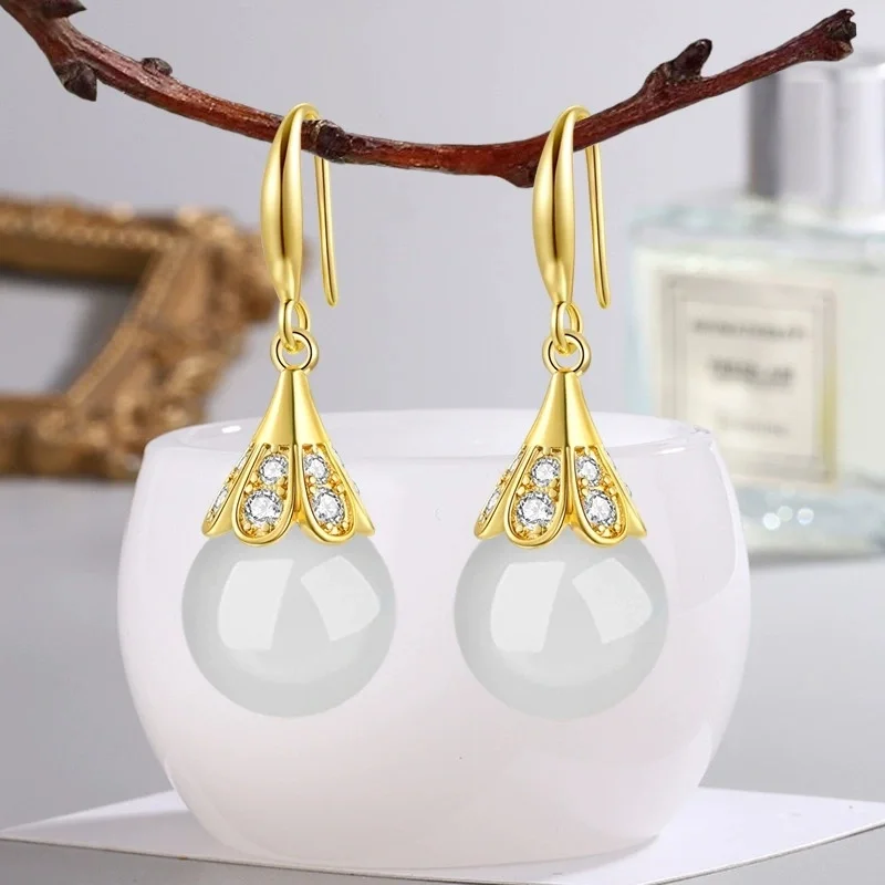 

New Hot-Selling 925 Sterling Silver Earrings 18K Ladies Girlfriend Gift 12mm Pearl Floral Dangle Earrings Exquisite Jewelry