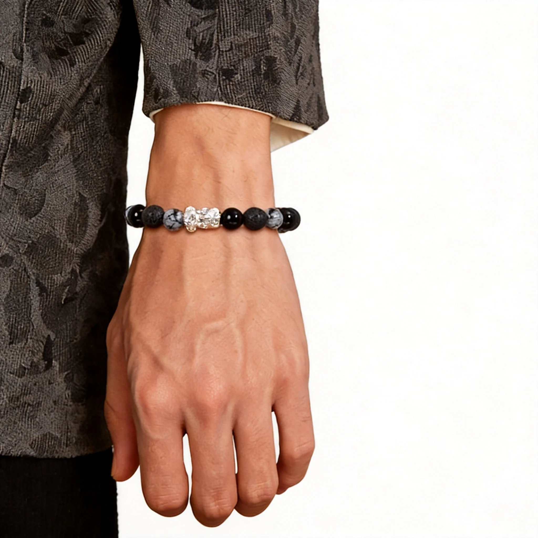 Chinese Style Lucky Fortune Pixiu Bracelet For Men Natural Black Obsidian Beaded Bangle Feng Shui Attract Wealth Good Luck Jewel