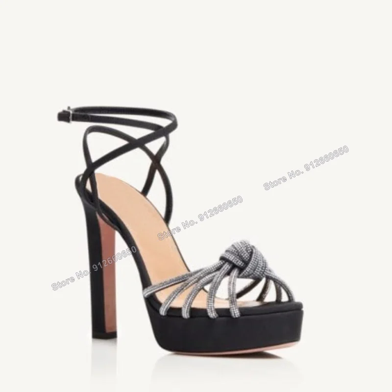 

Abesire Black Champagne Sandals Bow Knot String Crystal Platform High Heels Sandals Woman Summer Shoes Fashion Stiletto Big Size