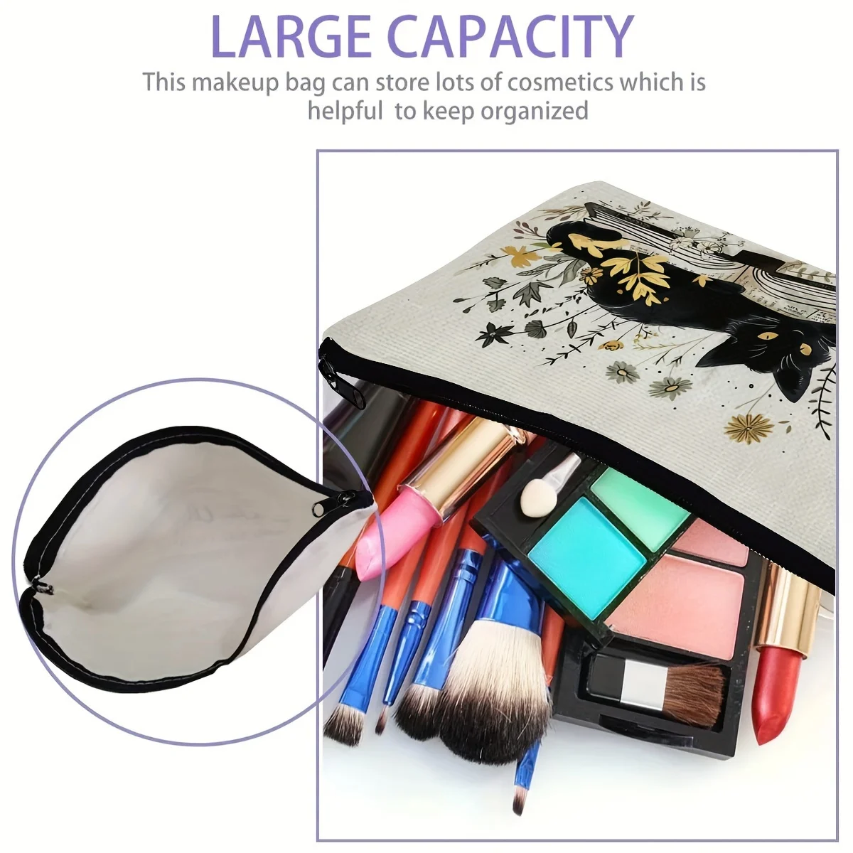 1pc Casual Style Black Cat &Book Print Makeup Pouch with Large Capacity Pencil Pouch Printed Heat Transfer Cosmetic Bag