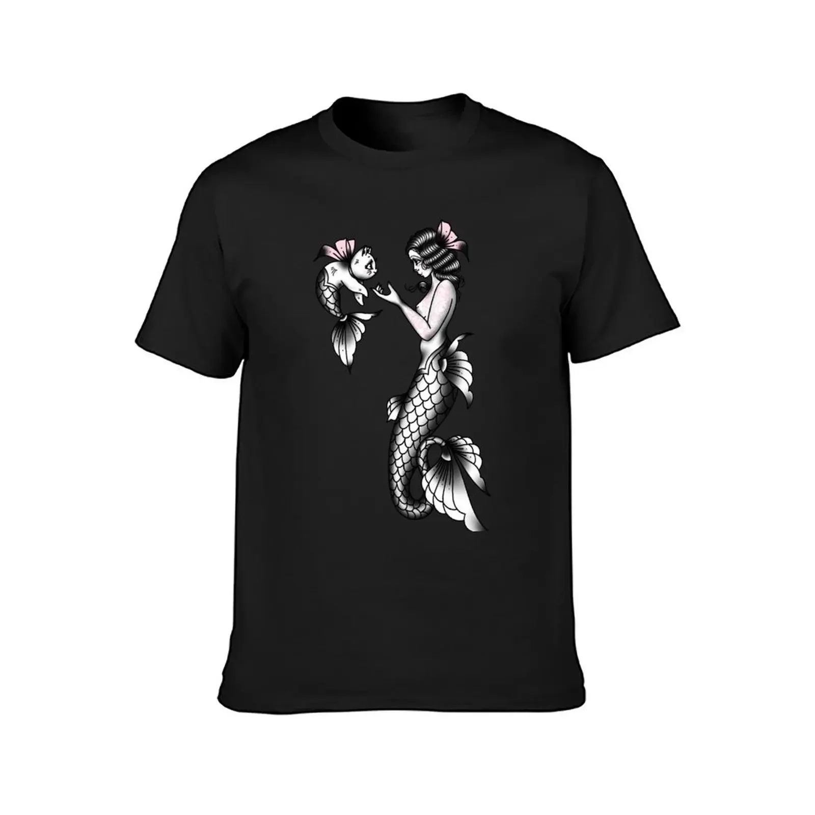 Mermaid and Cat Love Vintage Style Traditional Flash Tattoo T-Shirt heavyweights mens graphic t-shirts hip hop