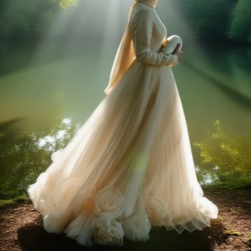 

Evening Dress Prom Gown 3D Flowers High Neck Arabic Party Dress Full Sleeves Modeat Customized