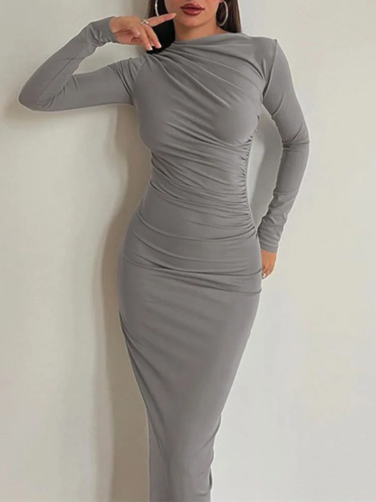 Women Elegant Solid Black Bodycon Maxi Dress Long Sleeve Lady O-neck Evening Party Vestidos Robe