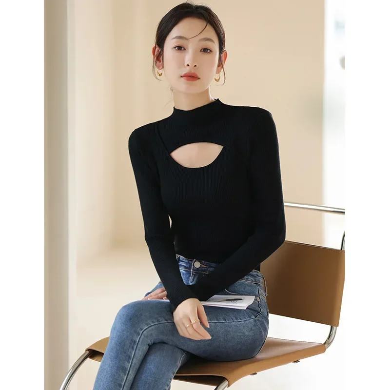 Women Sweater New Autumn and Winter Women's Slim Stretch Sexy Pullover Hollow Solid Color Slim Bottoming Shirt Sweater Ladies