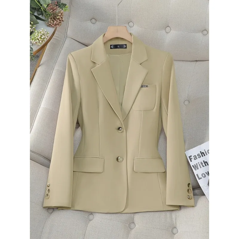 Setelan Blazer wanita, pakaian jaket kerja bisnis wanita kantor Formal lengan panjang Khaki aprikot