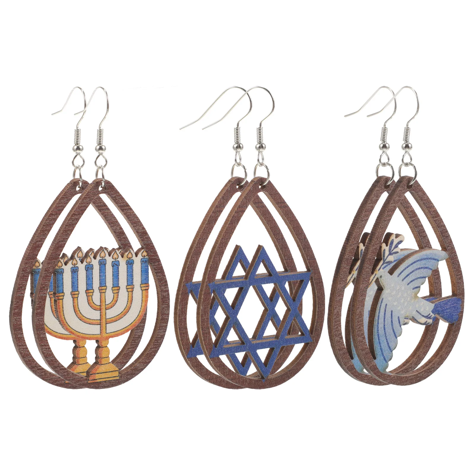 

3Pairs Wooden Earrings Stylish Minimalist Design Lightweight Dangle Earrings for Women Festive Holiday Fashion Hanukkah