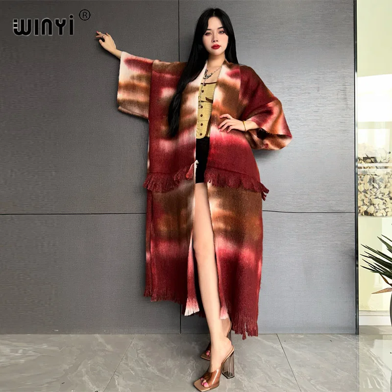 WINYI Winter tie-dye Open Front Loose Kimono  Luxury Loose cardigan Thick Warm Female long down coat for women Middle East abaya