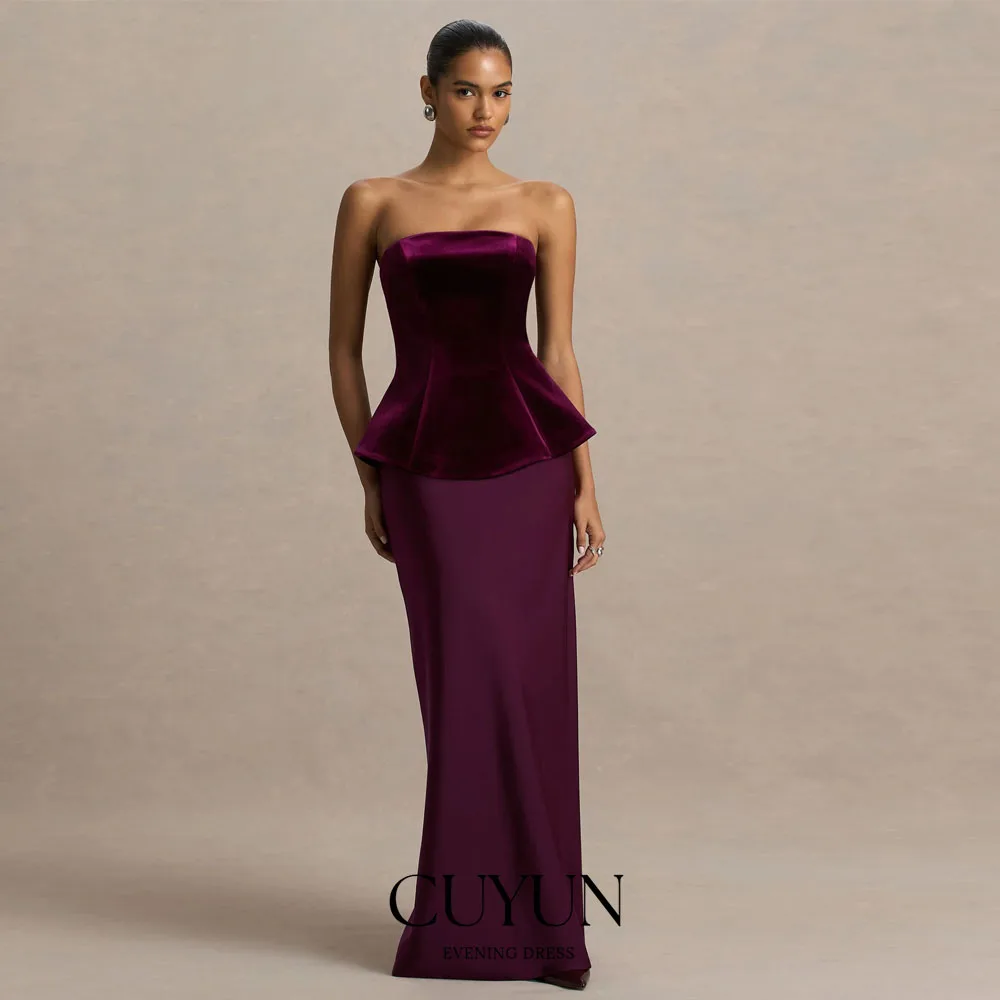 

CUYUN Deep Purple Velvet Evening Gown Women Strapless Straight Long Prom Dresses Customized Banquet Dinner Formal Event Dresses