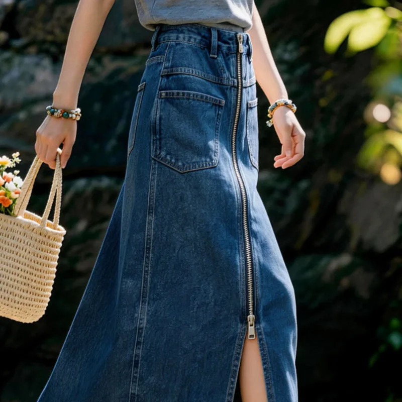 ANJY Spring Summer New Women Washed Vintage Zipper Pocket Slim Denim Skirt High Street Versatile Split Straight Niche Ins A23579