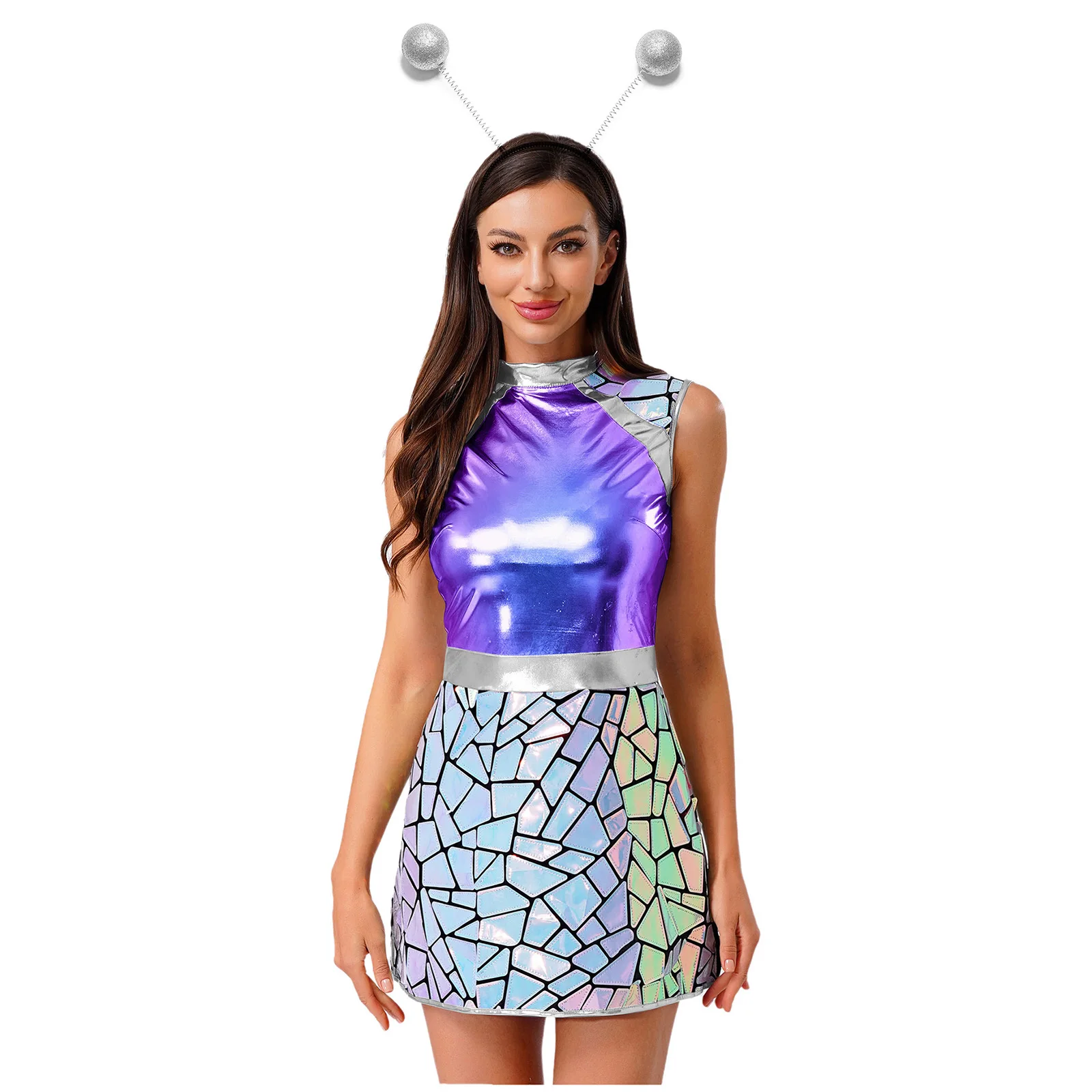 

Women Halloween Alien Astronaut Costume Metallic Shiny A-line Dress And Headwear for Galaxy Traveler Space Warrior Cosplay Dress