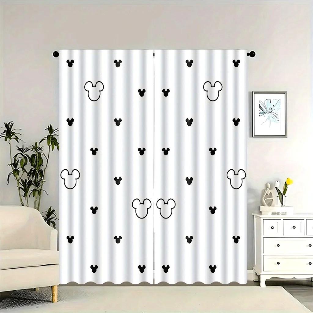 2pc Black and white Mickey Mouse patterned curtains, made of polyester, machine washable, suitable for bedrooms and living rooms