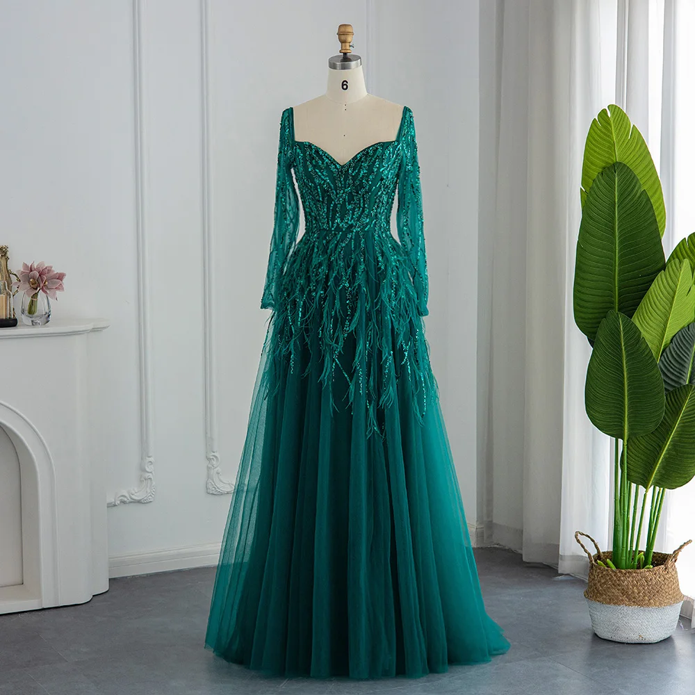 

KSDN Luxury Evening Dress Fashion Sweetheart Feathers Beading Party Gowns Chic Tassel Sequined Floor Length A-Line Prom Dress